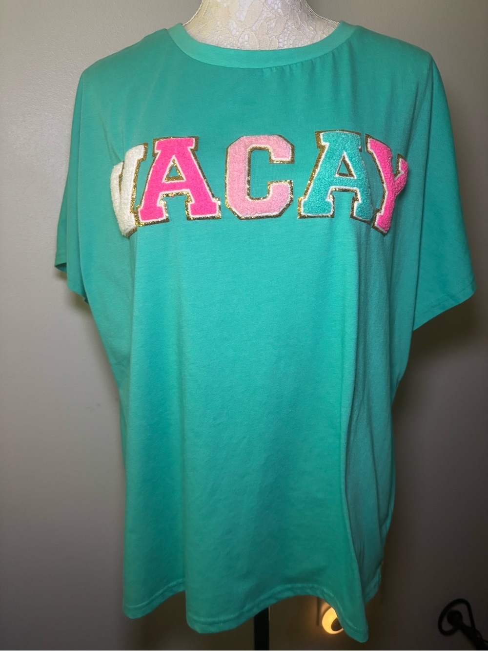 BiBi Teal 'VACAY' Appliqué Tee with Pink & Aqua Accents